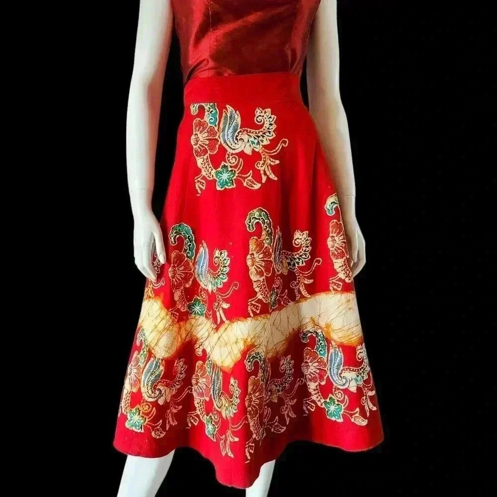 Vintage 70s Floral Batik Cotton Sarong Wrap Skirt OS